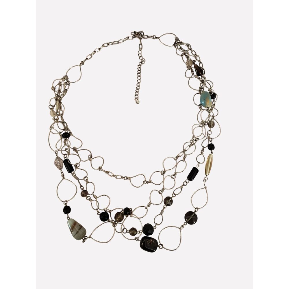 3 Strand Necklace Silver Tone Black Gray Beads Open Links Whimsigoth Coquette